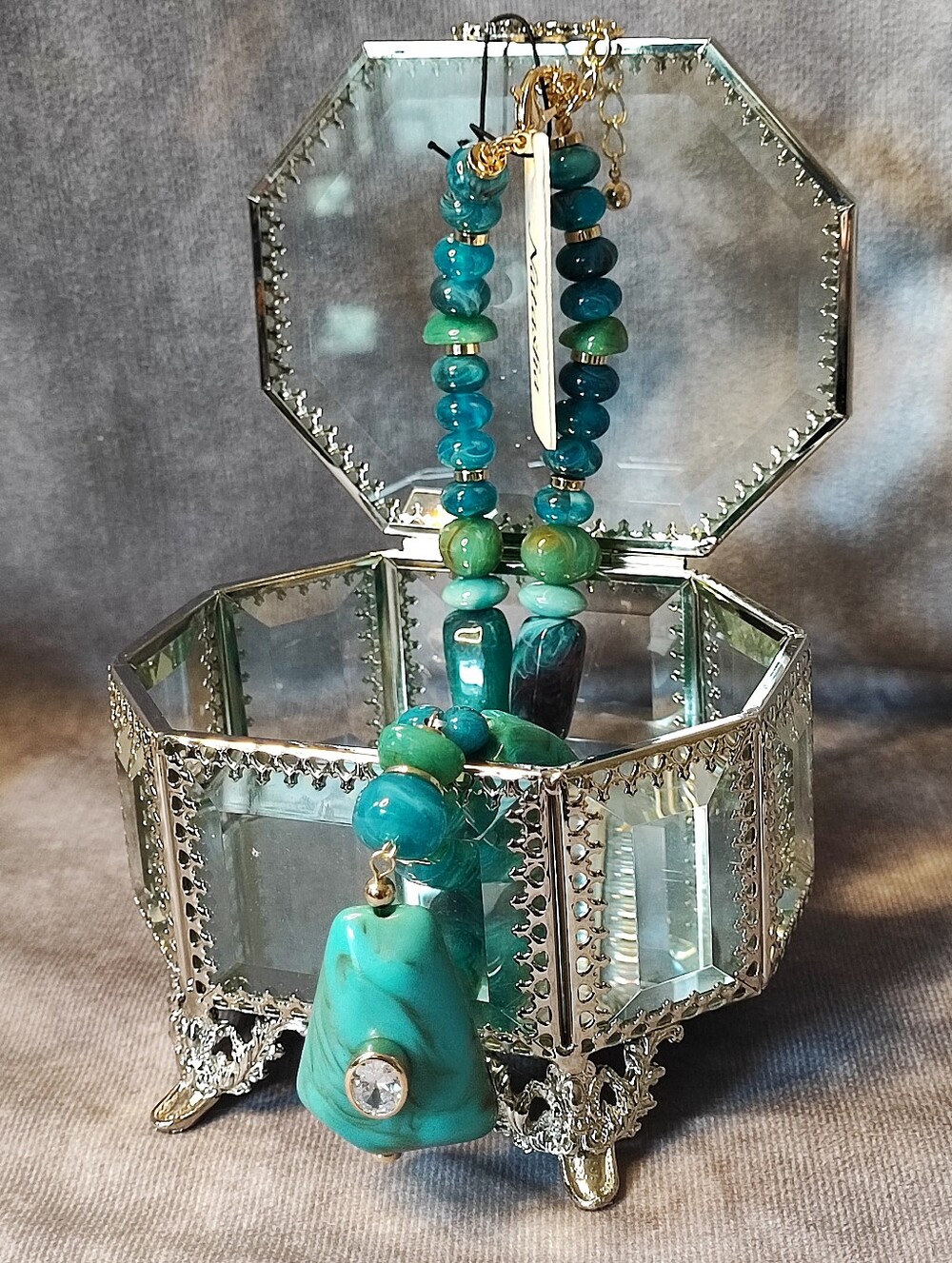NATASHA Faux Turquoise Chunky Marbled Clear Bezel Set Stone Lucite Necklace NWT
